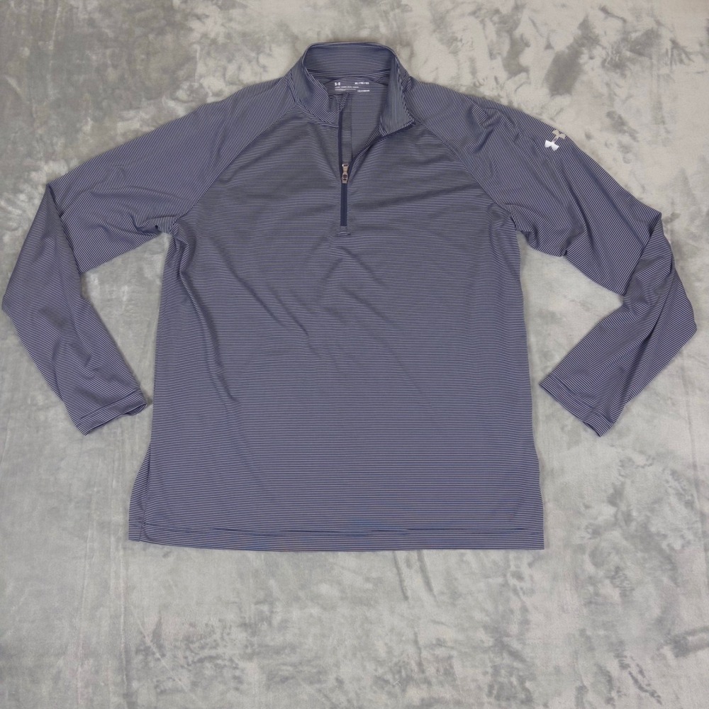 Under Armour Quarter Zip Pullover Mens XL Blue Striped HeatGear Long Sleeve Top